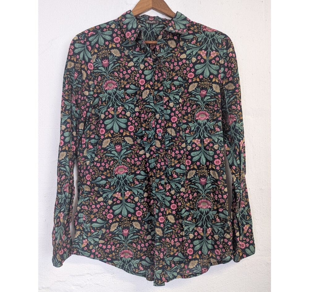 J McLaughlin Dark Floral Button Up Blouse Botanical Cotton Office Womens Small